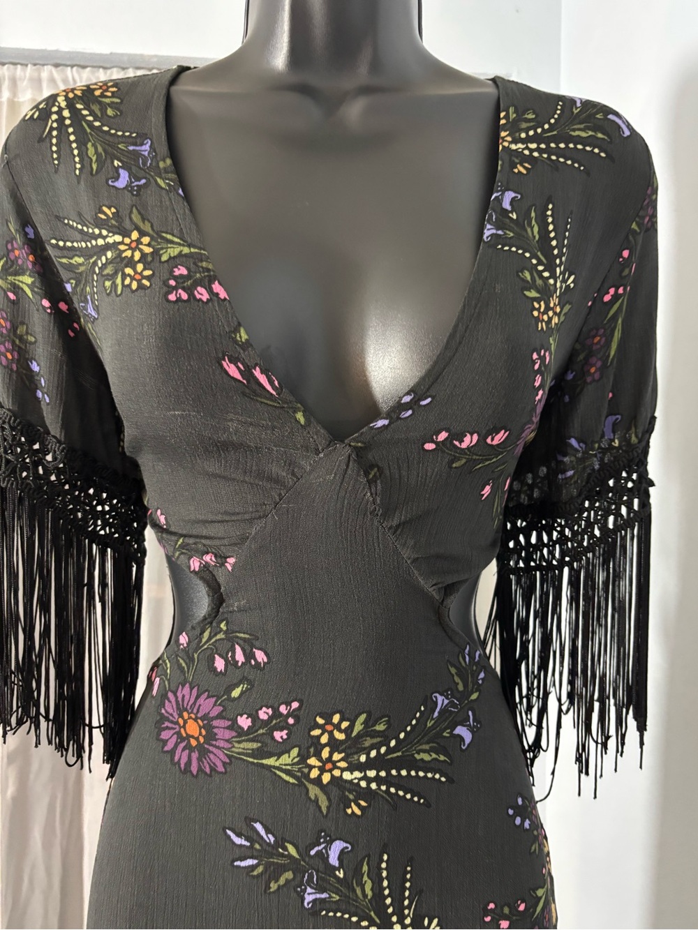 Honey Punch Black Maxi Dress - boho style with Multicolor Floral Embroidery - Picture 3 of 7